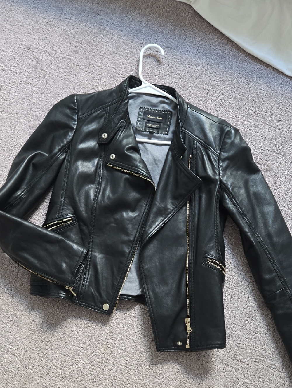 Massimo Dutti Black Biker Leather Jacket Size XS